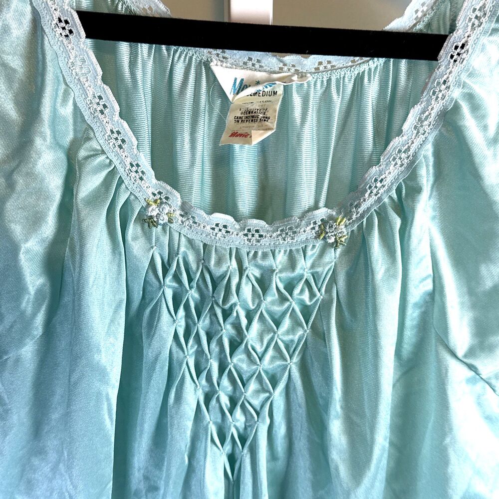 Vintage 60s Movie Star Maxi Nightgown Short Sleeve Bow Smocking  Aqua USA ?Lg